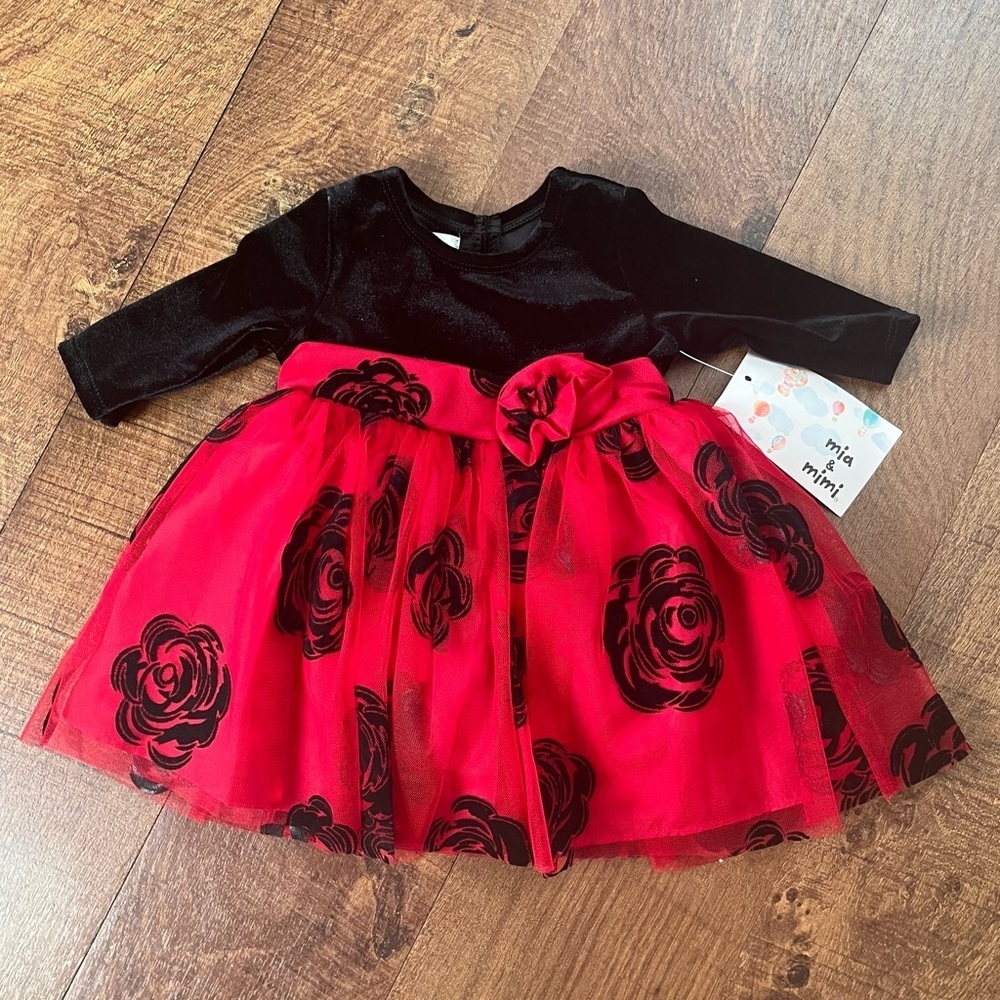 NWT mia & mimi red & black flower tulle baby girl dress 3-6 months